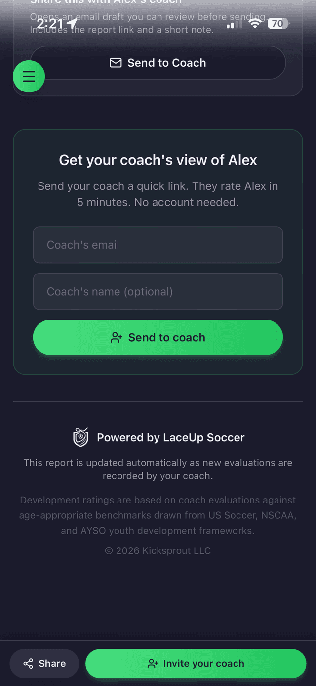 Coach invite landing the coach taps from a parent's email: rate-a-skill screen