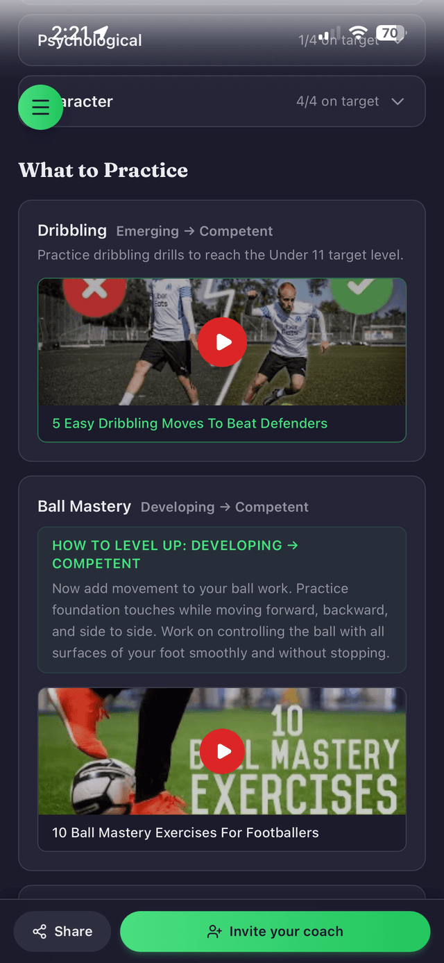 Parent self-eval step 3: AI development plan with this-week focus skills and keep-doing strengths