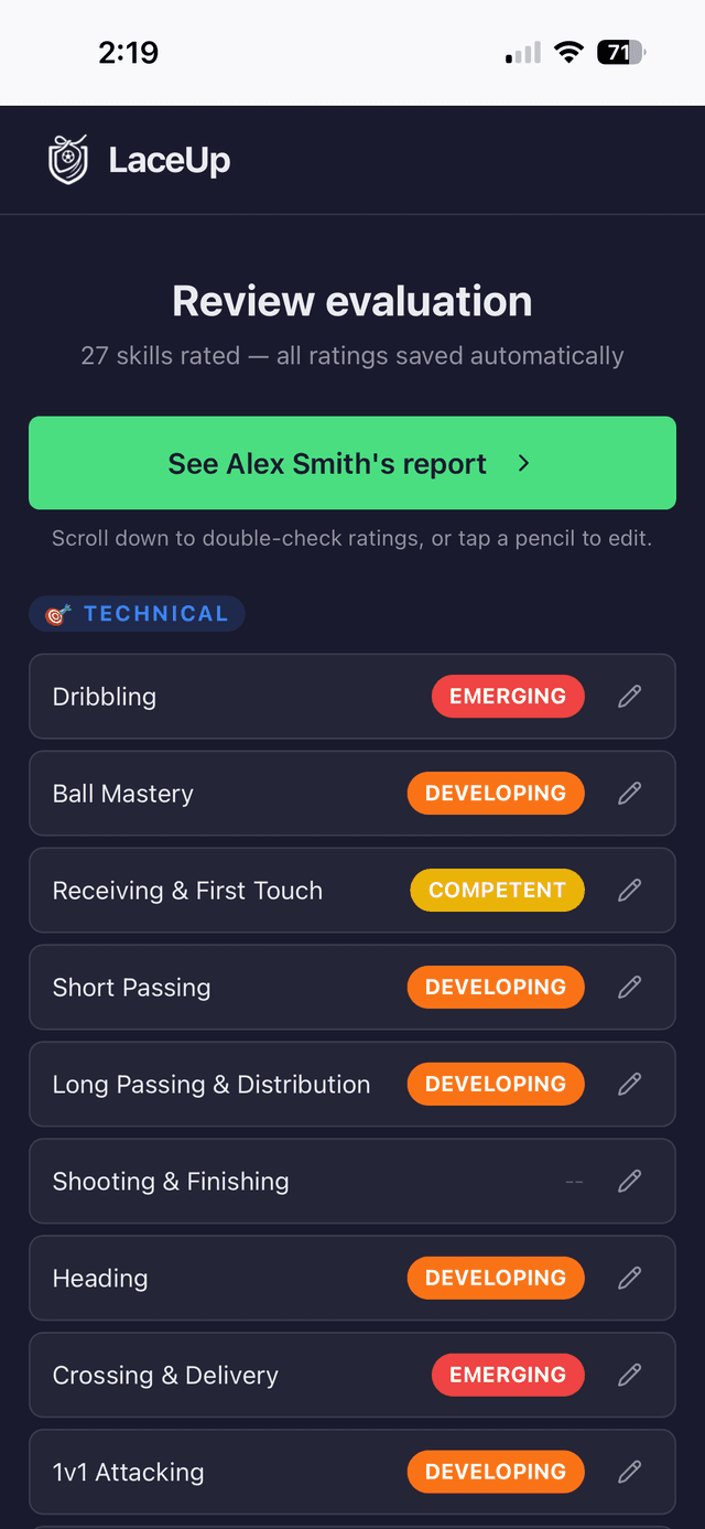 Parent self-eval step 2: rating a skill with progress bar and five proficiency level options