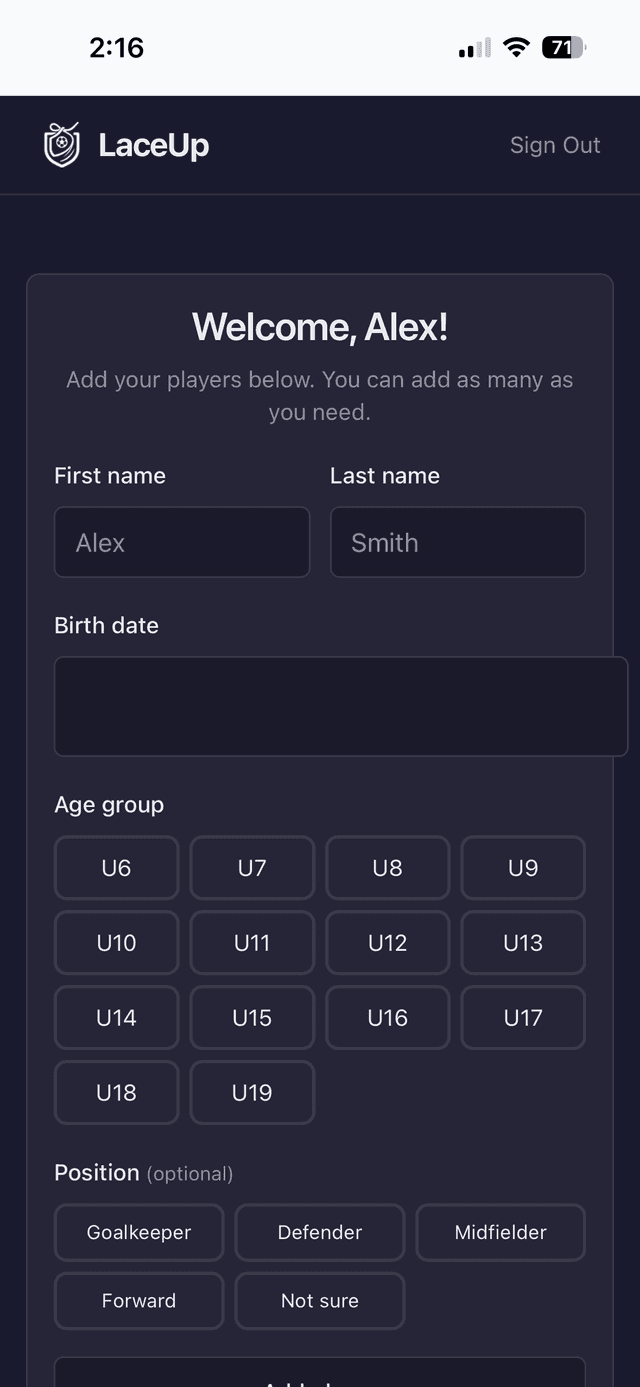 Parent self-eval step 1: who are you evaluating, with player, age band, and position fields